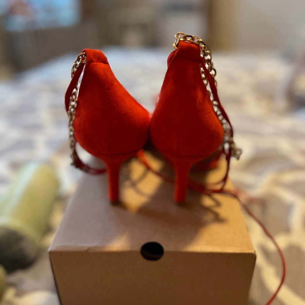 Red Pointed Toe Heels with Ankle Strap - Picture 3 of 4